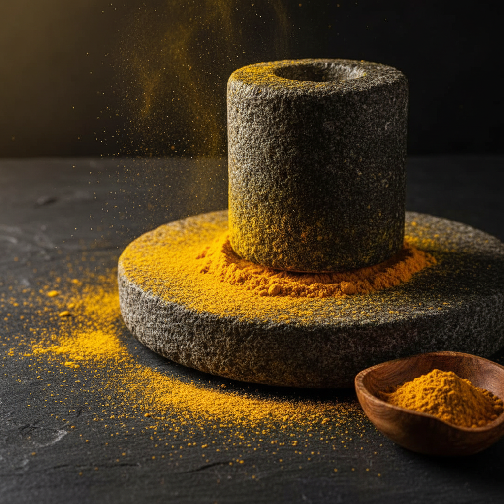 去掉姜黄根的研磨场景